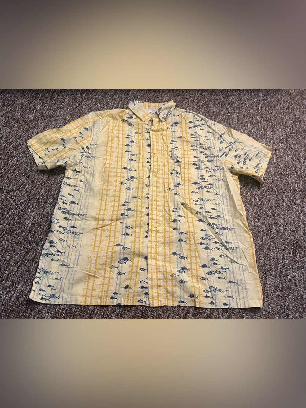 Columbia PFG Hawaiian Fish Print Short Sleeve Hiking/Fishing Shirt Large Yellow